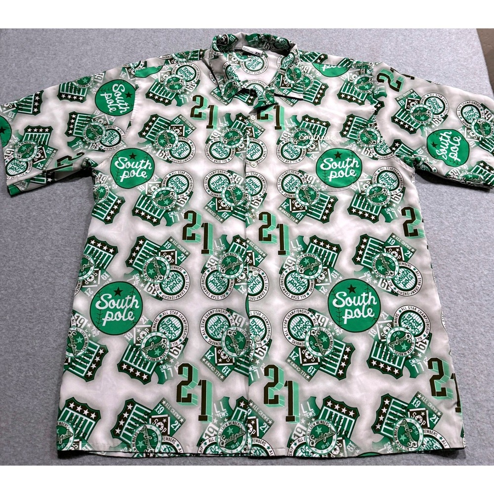 Vtg Southpole Mens XXL Green White All Over Print Graphic Button Down Camp Shirt